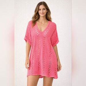 Wooden Ships Coral Pink Crochet V-Neck Swim Coverup